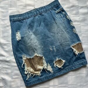 Missguided Open Thigh Chainmail Ripped Denim Mini Skirt